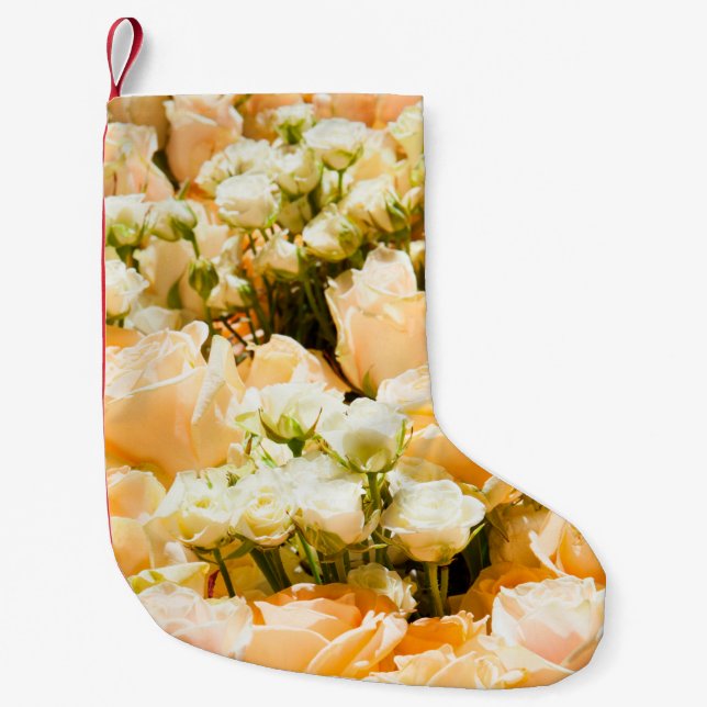 Vertical pattern of white roses. anniversary, back small christmas stocking (Front)