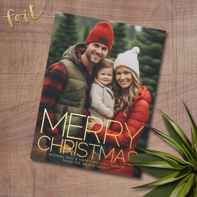 Vertical Photo - Merry Christmas - red pink star (Foil Christmas Greeting Card with Photo)