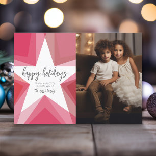 Vertical Photo Modern Star - Pink Red - Happy Holiday Card