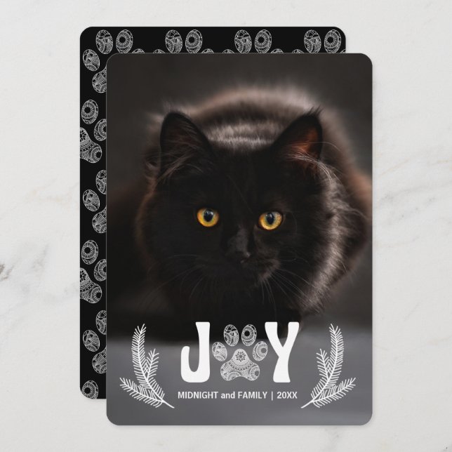 Vertical Pines and Paw Print Cat Lover Photo Holiday Card (Front/Back)