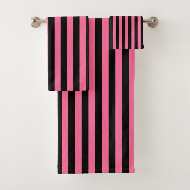 Vertical Pink and Black Stripes Bath Towel Set (Insitu)