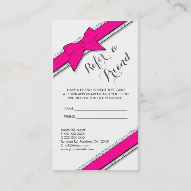 Vertical pink bow refer a friend cards (Front)