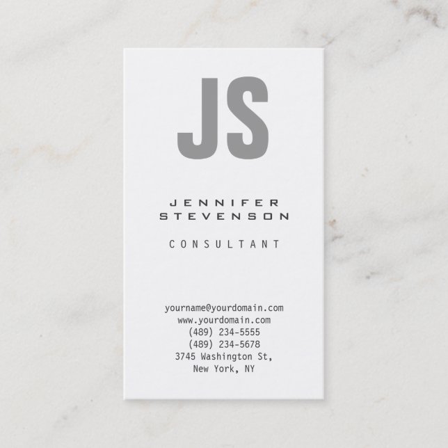Vertical Plain Grey White Monogram Business Card (Front)