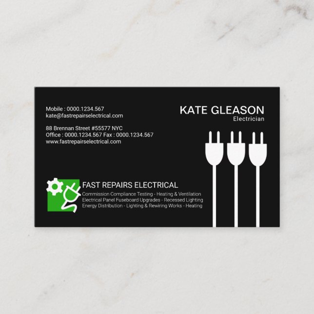 Vertical Power Cables Bright Electrician Icon Business Card (Front)