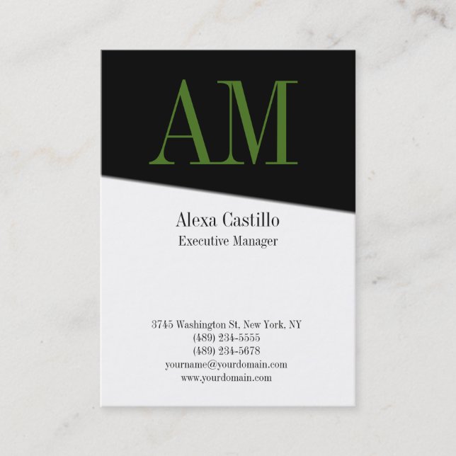 Vertical professional black white green monogram business card (Front)