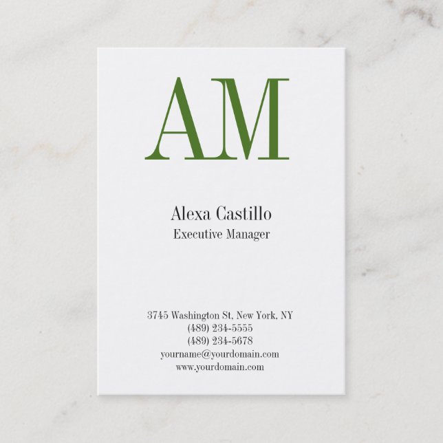 Vertical professional white green monogram business card (Front)