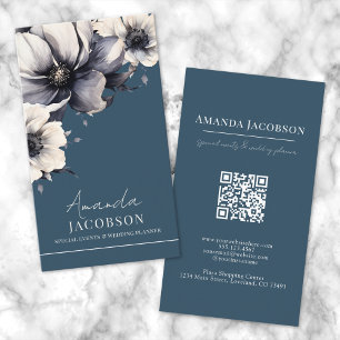 Vertical QR Code Blue Floral Elegant Professional Business Card