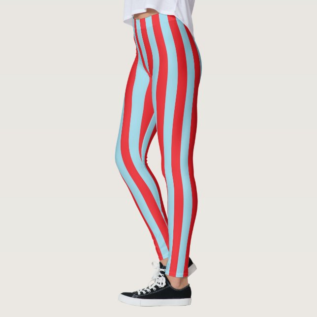 Vertical Red and Pastel Blue Stripes Leggings (Left)