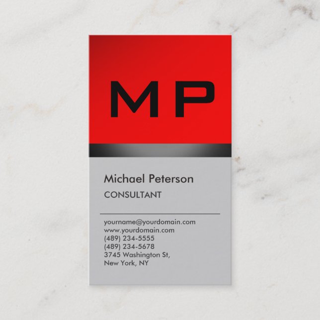 Vertical Red Grey Black Monogram Business Card (Front)