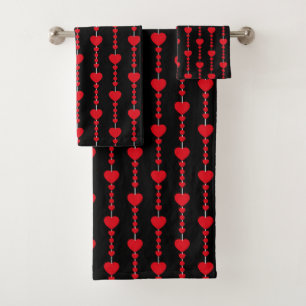 Vertical Red Heart Strings on Black Bath Towel Set
