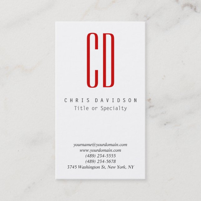 Vertical Red White Colour Monogram Business Card (Front)