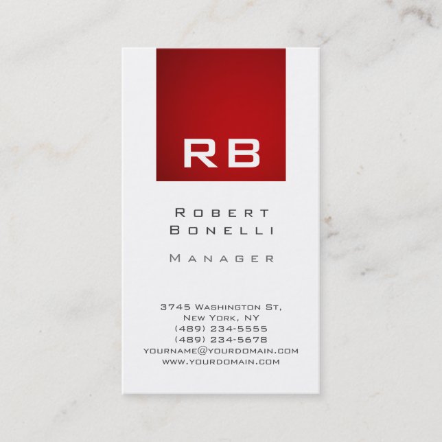 Vertical Red White Monogram Manager Business Card (Front)