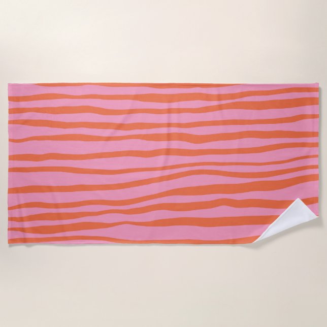 Vertical retro wavy lines - pastel orange and pink beach towel (Front)