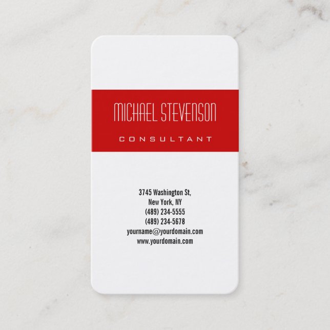 Vertical Rounded Corner Red White Business Card (Front)