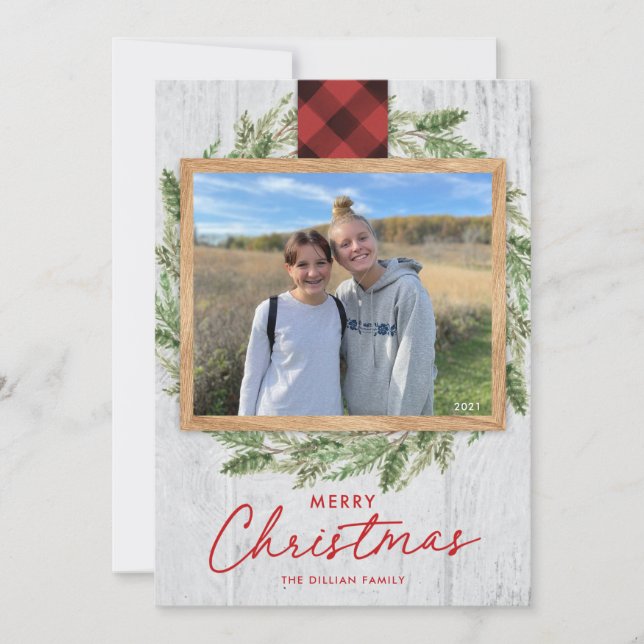 Vertical Rustic Wood Merry Christmas Photo Card (Front)