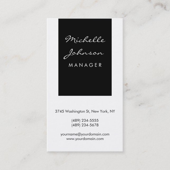 Vertical Script Black White Manager Business Card (Front)