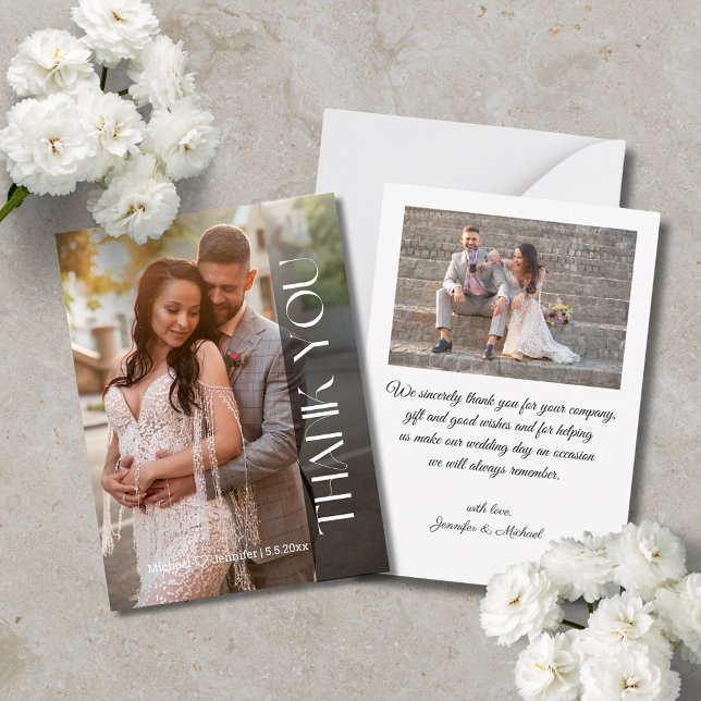 Vertical Serif Script Wedding Thank You 2 Photos Card (Creator Uploaded)