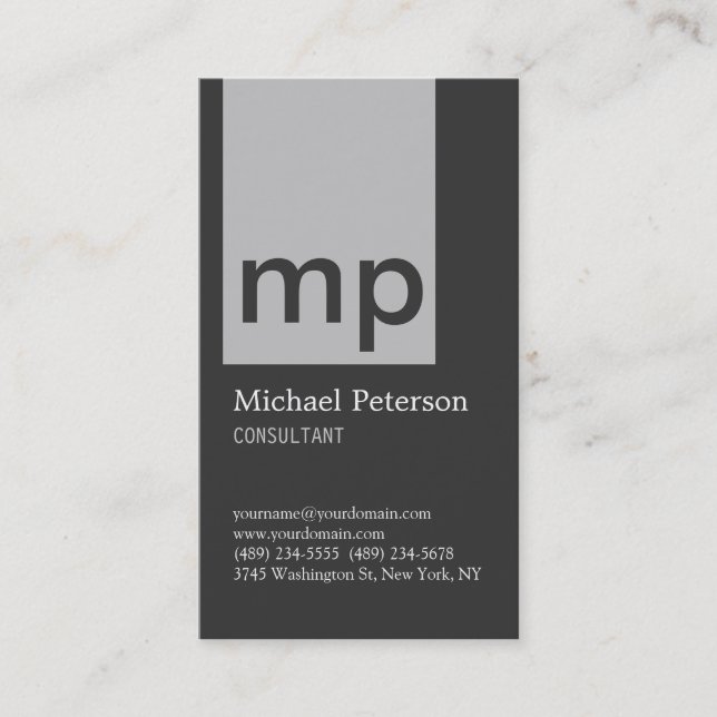 Vertical Silver Grey Stripe Monogram Business Card (Front)