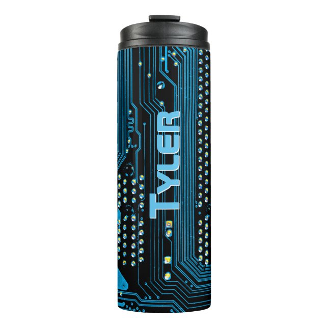 Vertical Sky Blue Name, Blue & Black Circuit Board Thermal Tumbler (Front)