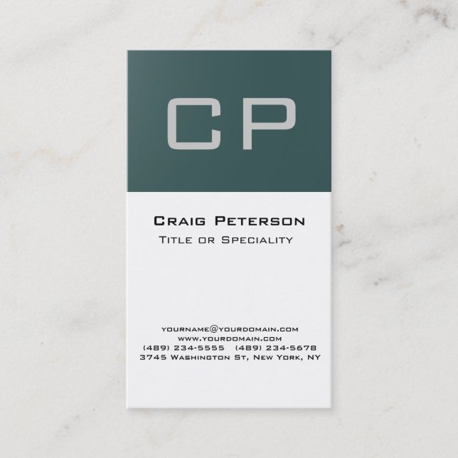 Vertical Slate Grey White Monogram Business Card (Front)
