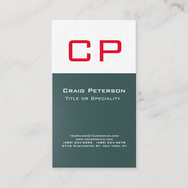 Vertical Slate Grey White Monogram Luxury Premium Business Card (Front)