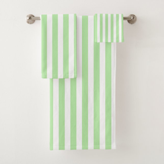 Vertical Soft Green and White Stripes Bath Towel Set (Insitu)