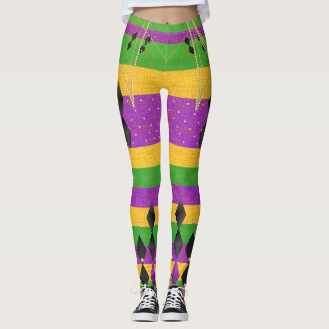 Vertical Stripe Diamond Harlequin Mardi Gras Colou Leggings (Front)