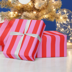 Vertical Stripe Pattern in Hot Pink and Red Wrapping Paper