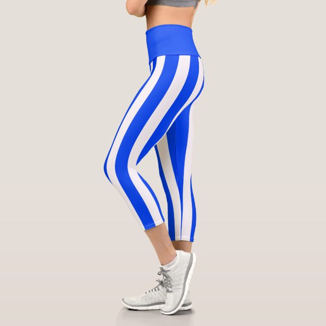 Vertical Stripe Sailor Blue & White Pattern Capri Leggings (Left)