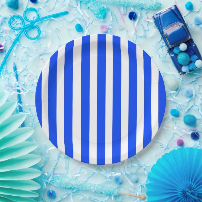 Vertical Stripe Sailor Blue & White Pattern Paper Plate (Party)