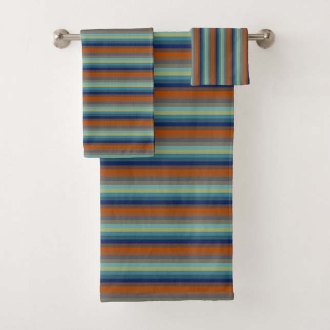 Vertical Stripes in Rust, Navy, Teal & Olive Bath Towel Set (Insitu)