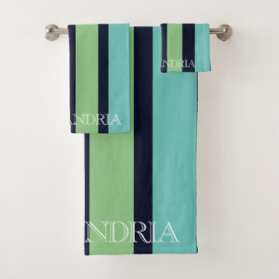 Vertical Stripes In Sage Green, Navy And Teal Bath Towel Set