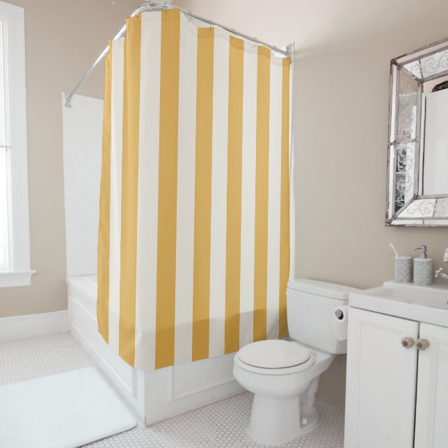 Vertical Stripes Mustard Yellow And White Striped Shower Curtain (In Situ)