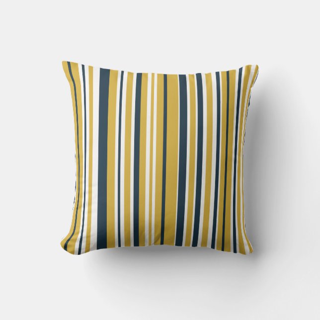 Vertical Stripes Mustard Yellow, Navy Blue, White Cushion (Front)