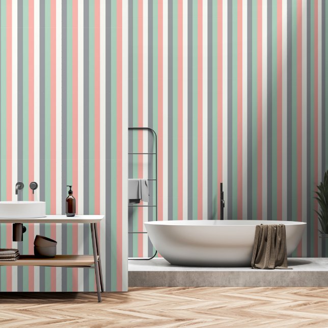 Vertical Stripes Pastel Green Salmon Rose White Wallpaper (Bathroom)