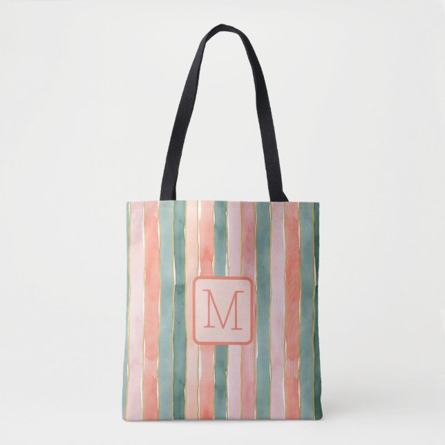 Vertical Stripes Peach Color Block Monogram Tote Bag (Front)