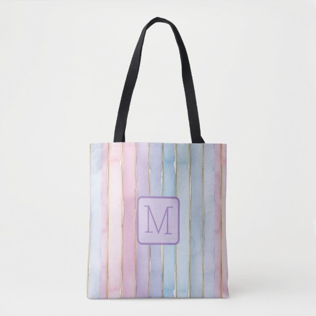 Vertical Stripes Purples Color Block Monogram Tote Bag (Front)
