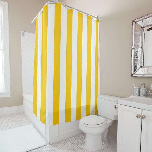 Vertical Stripes Yellow And White Striped Shower Curtain (In Situ)