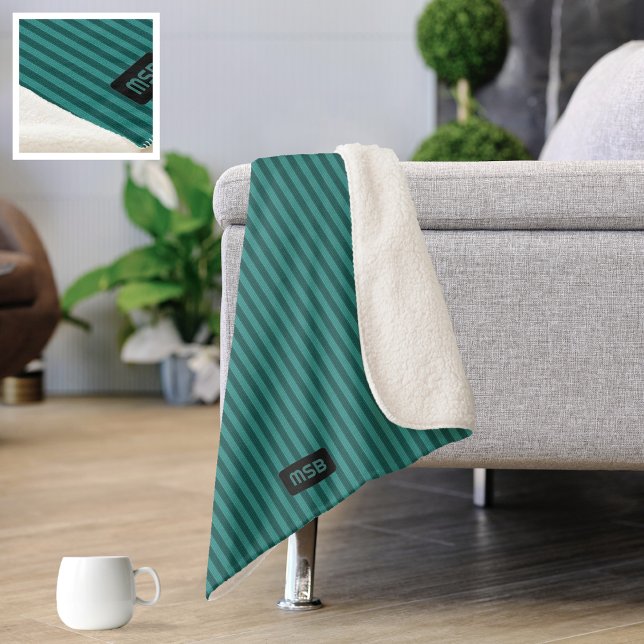 Vertical Teal Stripe - Own Initials - Knit texture Sherpa Blanket (Creator Uploaded)