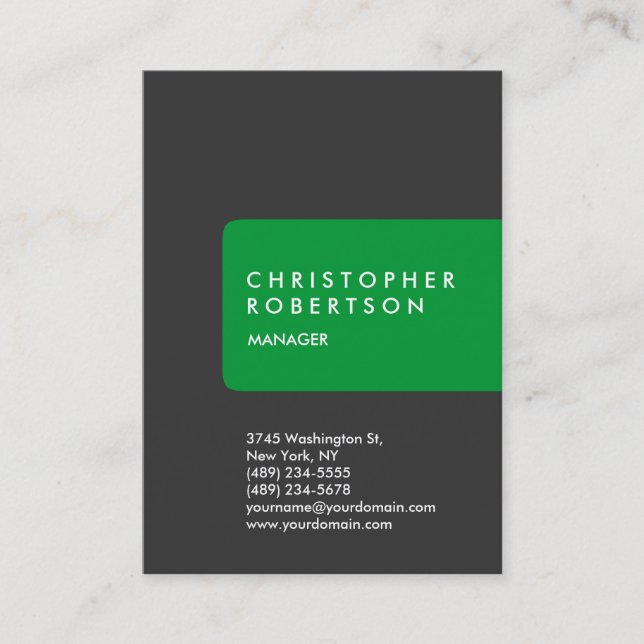 Vertical trendy chubby green grey business card (Front)