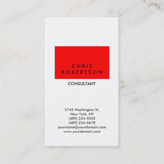 Vertical Trendy White Red Stripe Business Card (Front)