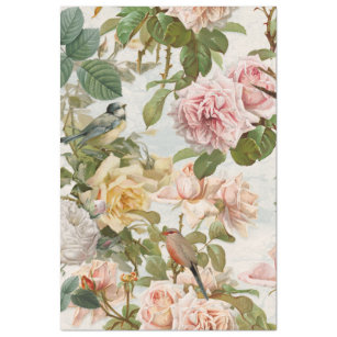 Vertical Vintage Pink Yellow Roses Botanical Birds Tissue Paper