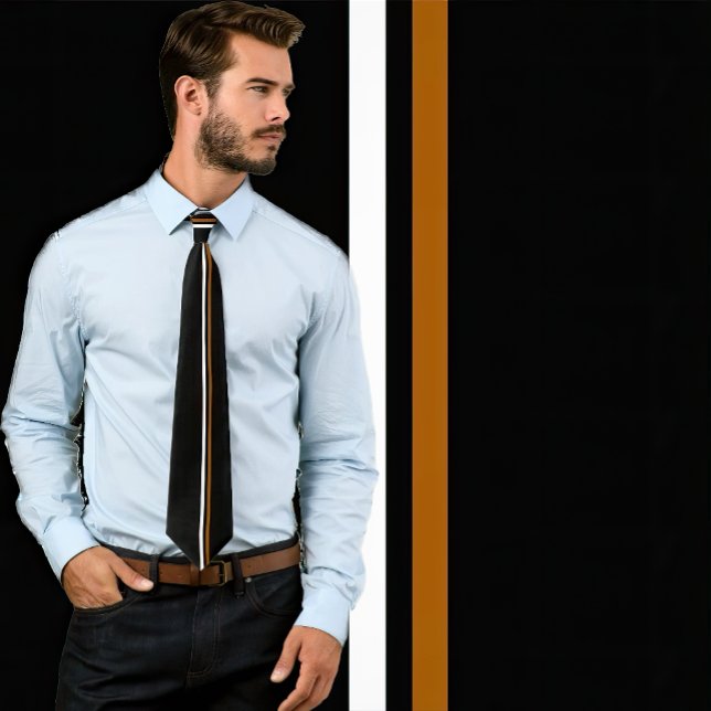 Vertical White and Brown Stripes on Black Necktie (Man wears a necktie featuring a single white and single brown vertical stripe.)