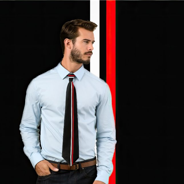 Vertical White and Red Stripes on Black Necktie (Man wears a black tie featuring single vertical stripes in white and red.  Background matches tie.)