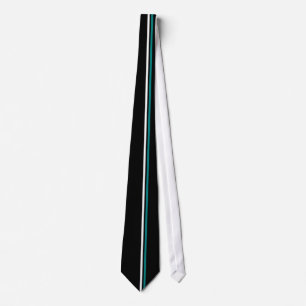 Vertical White and Teal Stripes on Black Necktie