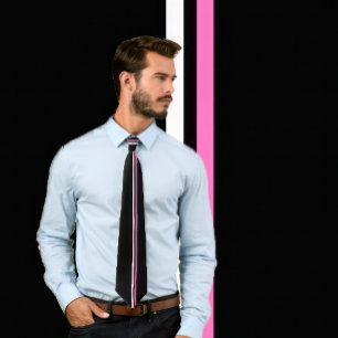 Vertical White, Hot Pink Stripes on Black Necktie