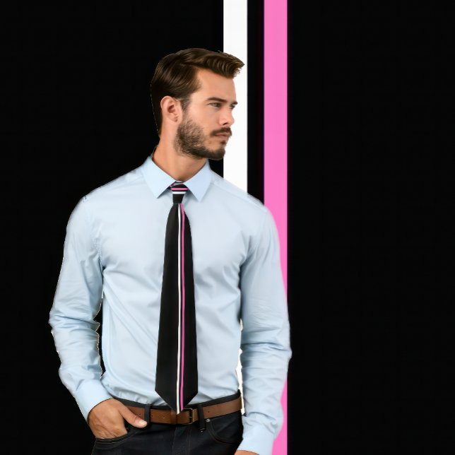 Vertical White, Hot Pink Stripes on Black Necktie (Man wears a black necktie featuring 2 thin vertical stripes in white and hot pink.)