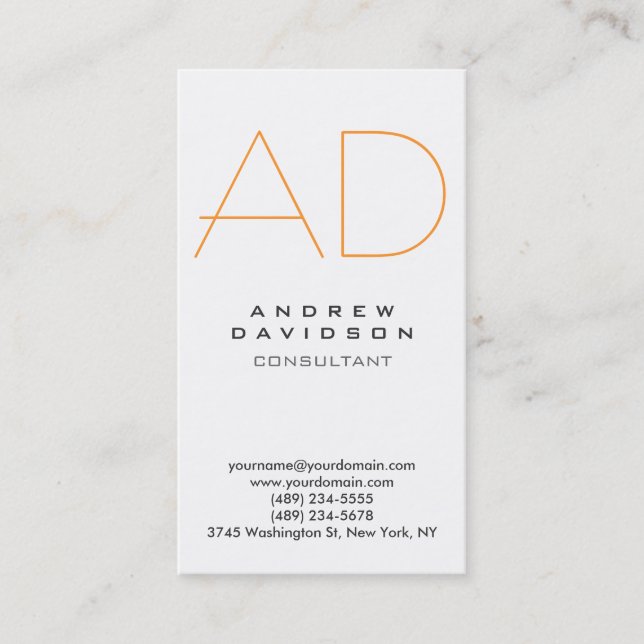 Vertical White Orange Grey Monogram Business Card (Front)