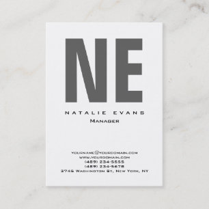 Vertical white plain simple huge monogram clean business card
