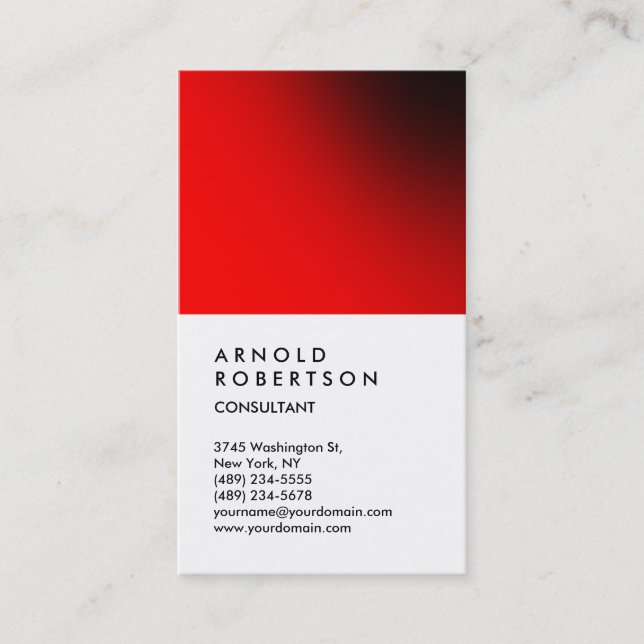 Vertical White Red Trendy Consultant Business Card (Front)